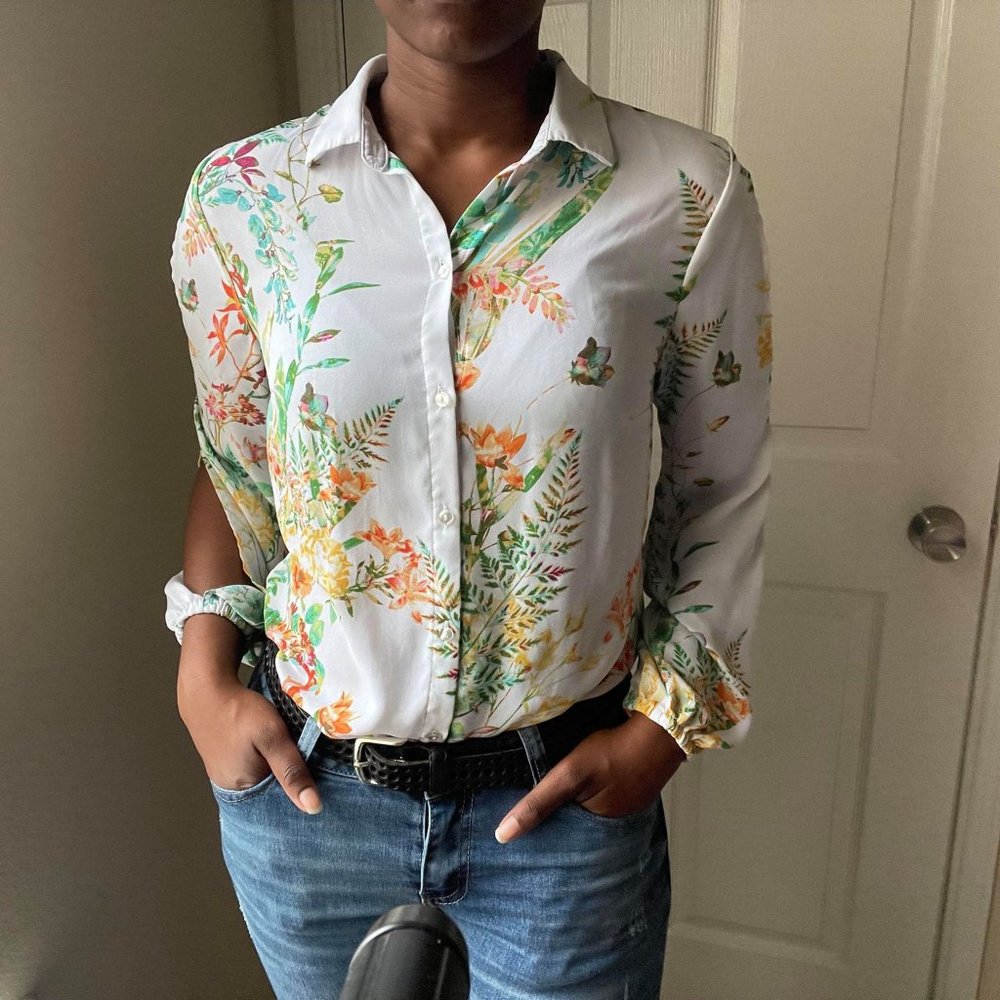 Floral Button Down Blouse with Slit Sleeves Women's Fashion